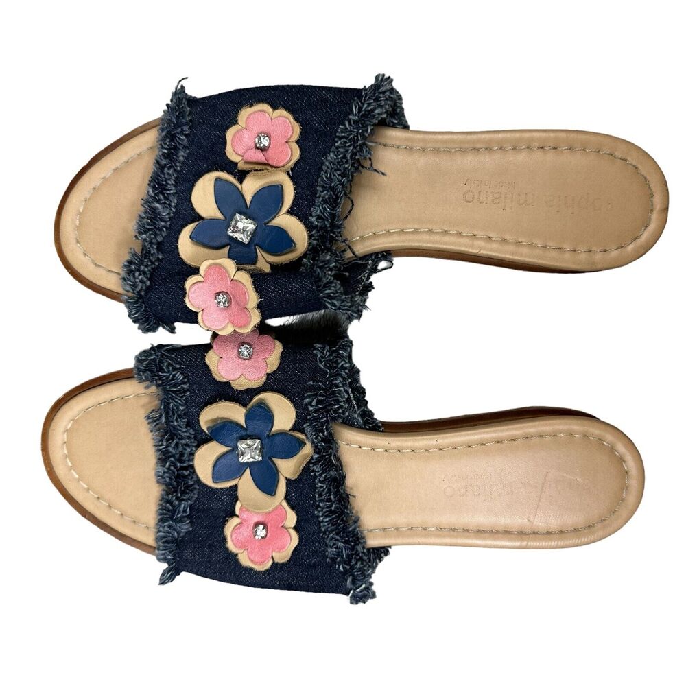 Sophia‎ Milano Denim Floral Slide Sandals Womens Blue Pink Frayed